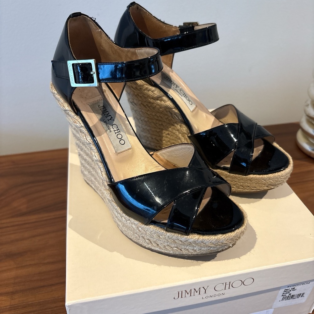 Jimmy Choo Black Patent Leather Espadrille Wedges